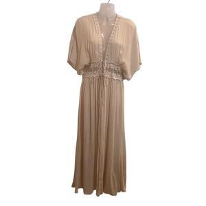 HYFVE Beige Lace Sheer Tie-Front Beach Cover Up Longline Duster Dress Medium